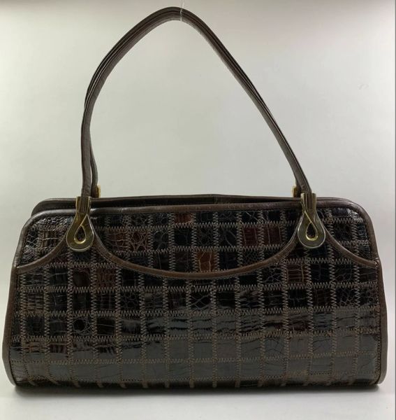 Jane Shilton Brown Patchwork Exotic Leather 1960s Vintage Handbag With Light Buff Leather Lining.