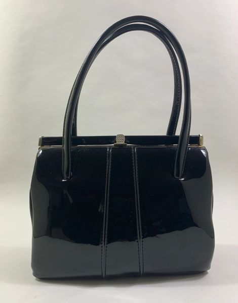 Vintage 1950s Top Handle Black Soft Faux Patent Handbag Dark Buff Suede ...