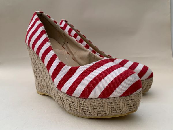 Coco Pop Wedge Inspired Red & White Striped Wedge Heel Platform Canvas Round Toe Shoe Espadrilles Size UK 4 EU 37