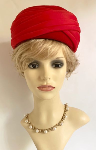 Bermona Vintage 1960s Red Felt Pill Box Hat Chiffon Cross Over Wrap Bow Detail