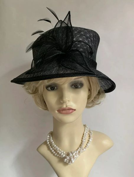 BHS British Home Stores Black Unlined Straw Hat Feather Flash Sinamay Ribbon & Flower Detail