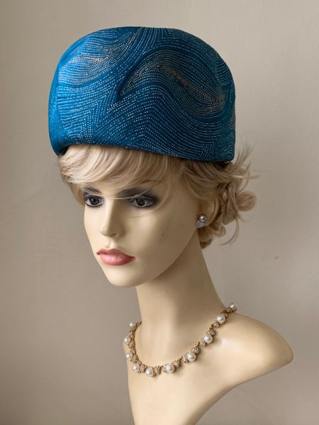 Derry Toms Vintage 1960s Teal Blue Metallic Turban Hat & Original Box.