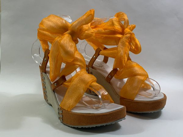 Frutta Orange And Ivory Studded Suede Strappy Ribbon Sandals 3.5 Inch Wedge Heel 1 inch platform UK 4 EU 37.