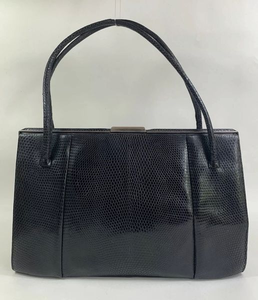 Waldybag Black Vintage 1950s Lizard Embossed Leather Handbag Buff Suede ...