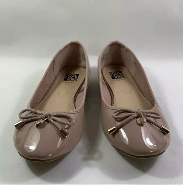 Debenhams Ballerina Nude Faux Patent Ballet Pumps Pink Cord Bows Size UK 4 EU 37.