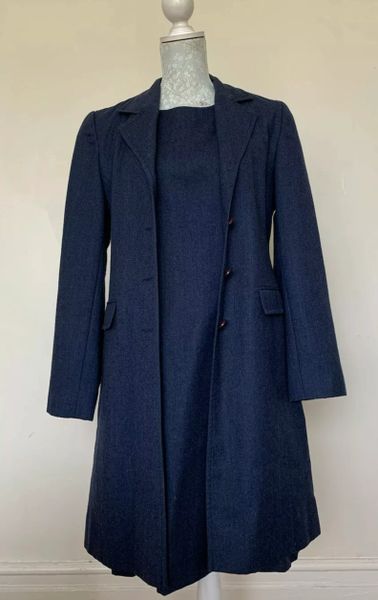 OCEAN Vintage Mid Blue 100% Wool Coat + Dress Suit Fully Lined Size UK 10.