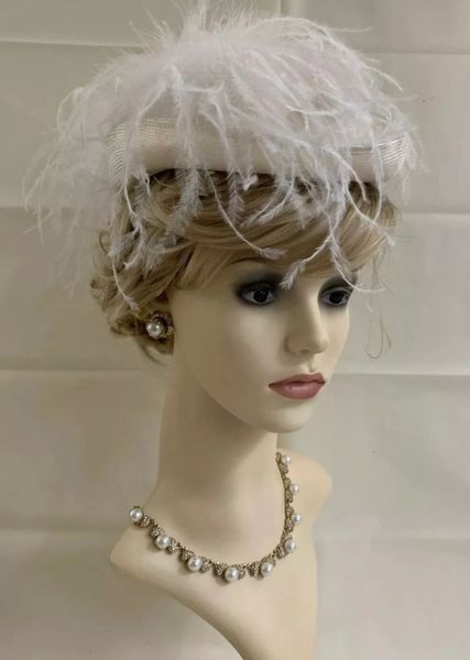 Pauline By BERMONA Vintage 1960s Ivory Percher Pillbox Hat With Large Ostrich Feather
