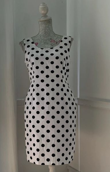 BHS British Home Stores Elegant Fitted White & Black Polka Dot Cotton Fitted Knee Length Dress Size UK 12