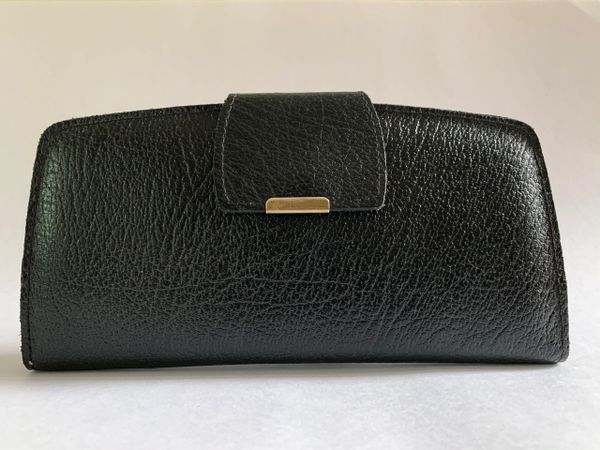 Vintage 1970s Large Black Textured Leather Coin Purse Wallet With Leather Lining