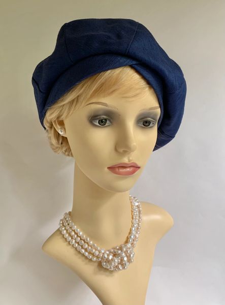 Vintage 1960s Segmented French Blue Fully Lined Floppy Beret Loose Bow Detail