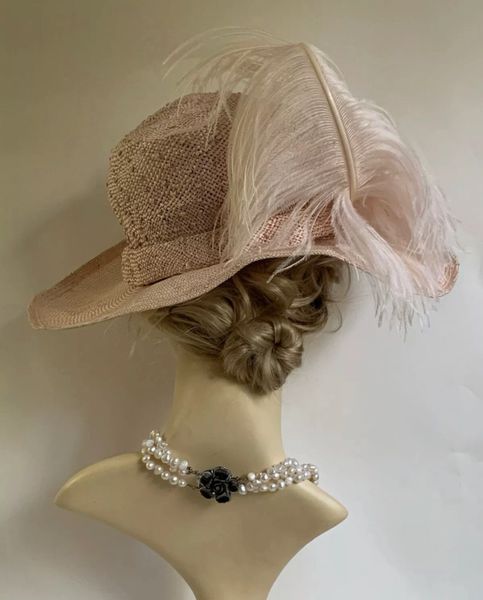 House Of Fraser Pink Ramie Vintage Inspired Curved Brim Hat With Large Ostrich Plume Detail