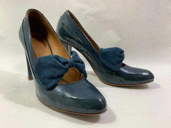 HOBBS NW3 Teal Patent Leather Suede Almond Toe Bow Front Court Shoe 4” Heel UK 7