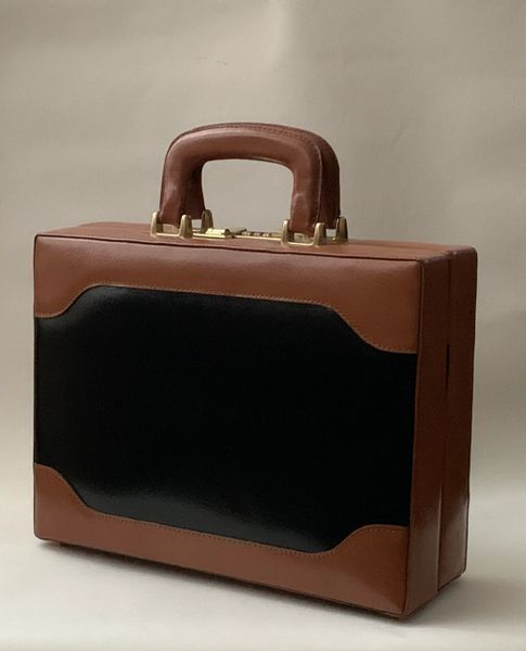 Vintage 1980s Black & Light Tan Leather Make Up Vanity Case Mini Woman's Briefcase.