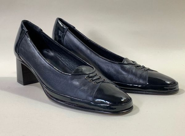 Amalfi By Rangoli Loafer Court Shoe Blue All Leather & Patent 2” Block Heel Size UK 4