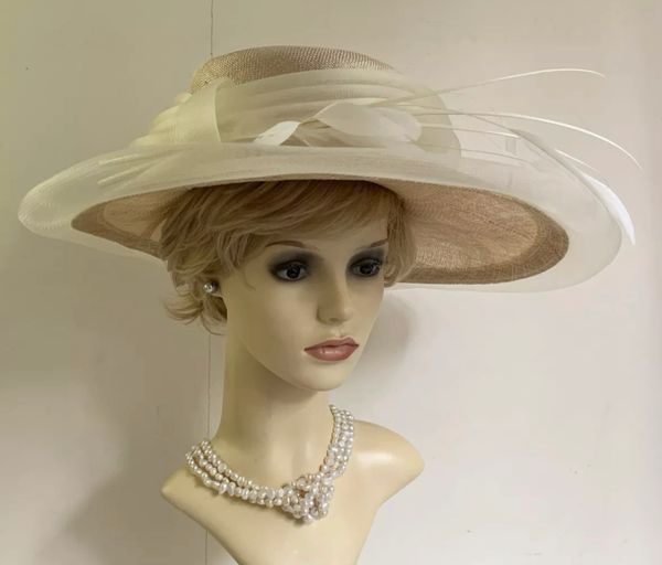 Straw Natural Formal Wedding Church Hat With Net Wrap Surround & Feather Detail
