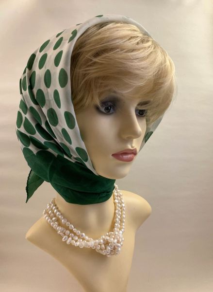 Vintage 1960s Green And Ivory Spotted Pattern 33’ Rolled Hem Head Scarf