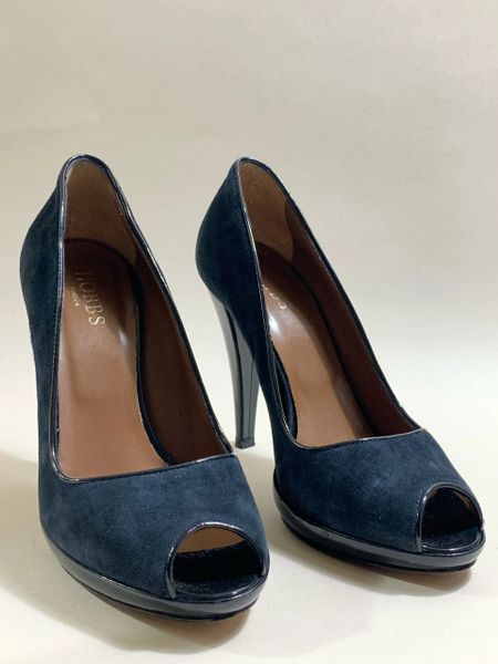 Hobbs Smokey Dark Blue Suede & Patent Peep Toe Court Shoe 4.5” Stiletto