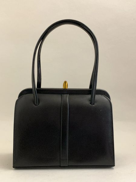 Vintage 1960s Black Faux Leather Handbag Light Buff Suede Lining Covered Frame