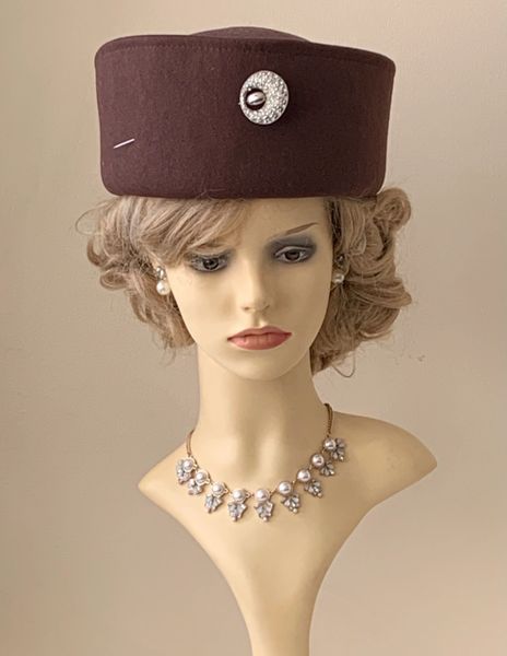 Vintage 1980s Brown Felt High Top Pillbox Hat With Handmade Diamanté Hatpin..