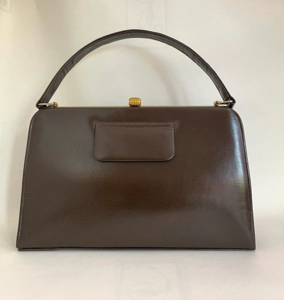 Vintage 1950s Tab Front Brown Calf Leather Handbag With Beige Moir Fabric Lining