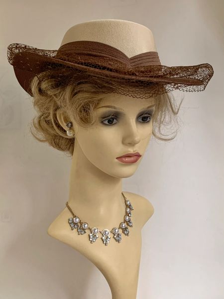 C & A Vintage 1990s Formal Hat Handmade Brown & Ivory With Lace Trim And Satin Bow Fully Lined With Large Net Rosette