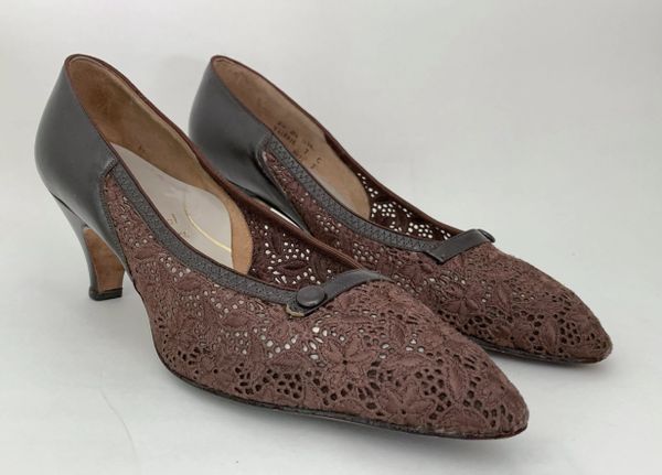 Vintage 1960s Rockabilly Brown Leather & Lace Almond Toe Court Shoe UK 5 US 7 C