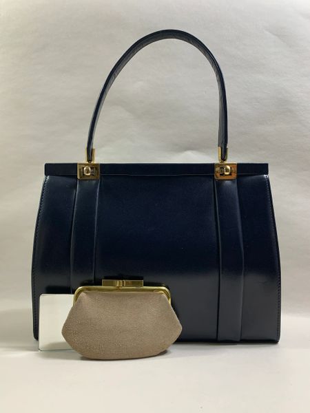 Fassbender Lanca Blue Leather Suede Lined 1950s Vintage Handbag Mirror & Purse