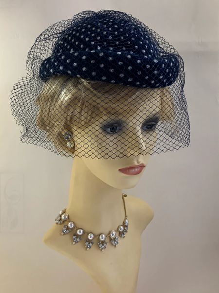 C&A Vintage 1980s Blue Spotted￼ Bumper Pillbox Hat Net Face Veil Fully Lined