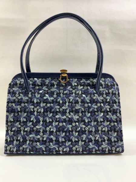 Vintage 1960s Navy Blue Leather & Swiss Lace Handbag With Blue Rayon Lining.