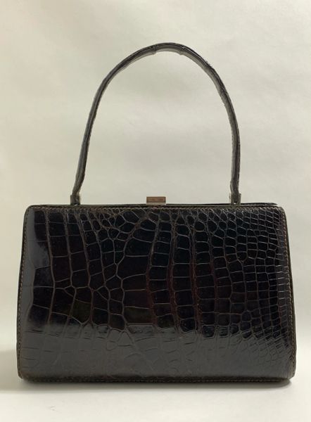 Vintage 1950s Dark Brown Crocodile Leather Handbag With Brown Leather Lining