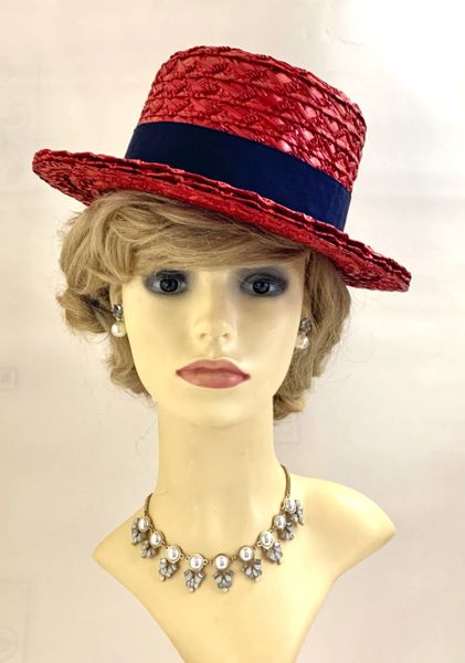 Vintage 1950s Red Boater Polyester Straw Hat With Blue Petersham Ribbon & Bow