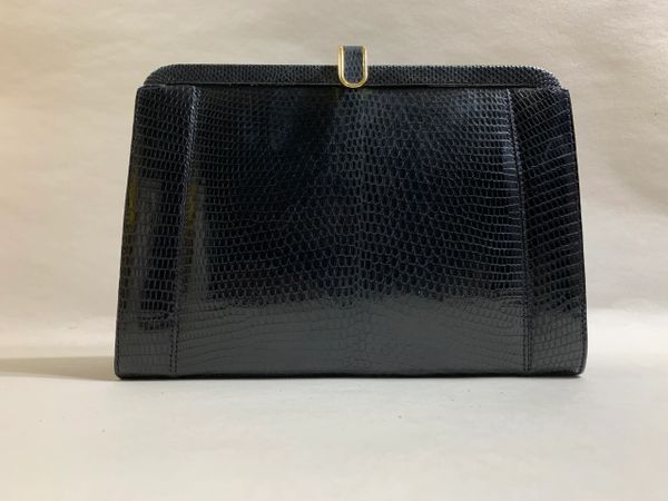 Vintage 1960s Black Lizard Clutch Bag Handbag Buff Suede Lining Gold Toned Strap