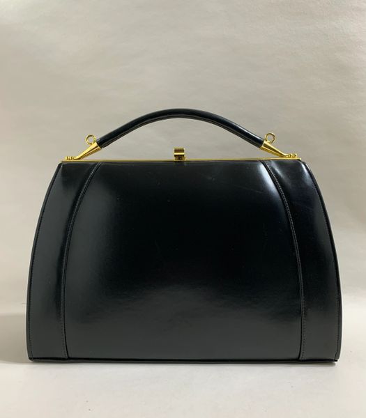 Vintage 1970s Black Faux Leather Domed Handbag Buff Suede Lining Elbief Frame
