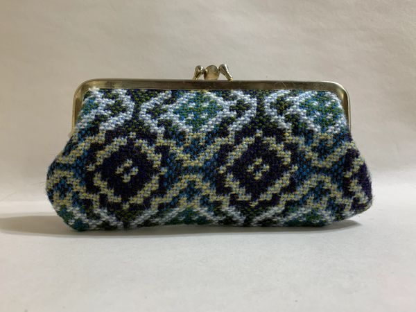Vintage 1950s Blue Multi Tapestry Tweed Buff Suede Lined Double Sided Coin Purse