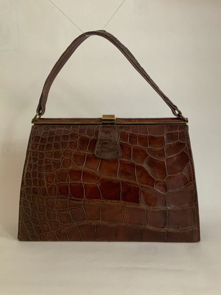 Vintage 1940s Whiskey Brown Crocodile & Leather Handbag Coffee Latte Fabric Lining