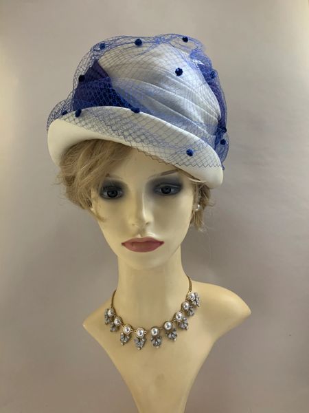 Vintage Handmade 1950s Blue & White Cloche Style Hat With Blue Organza & Spotted Net Over Lay