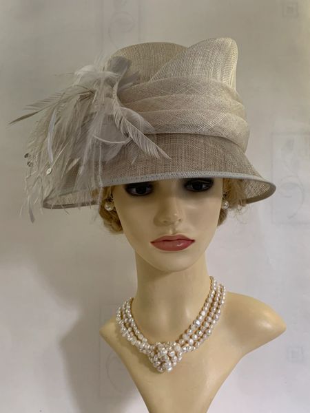 HAT BOX Ivory Asymmetrical Natural Fibres Hat With Feather Side Detailing