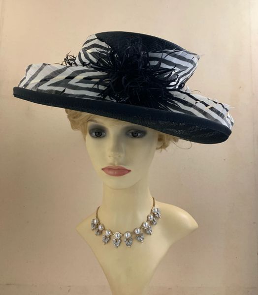 Pip Hackett Black Formal Sinamay Hat With Black & White Feather Detail & Hat Box