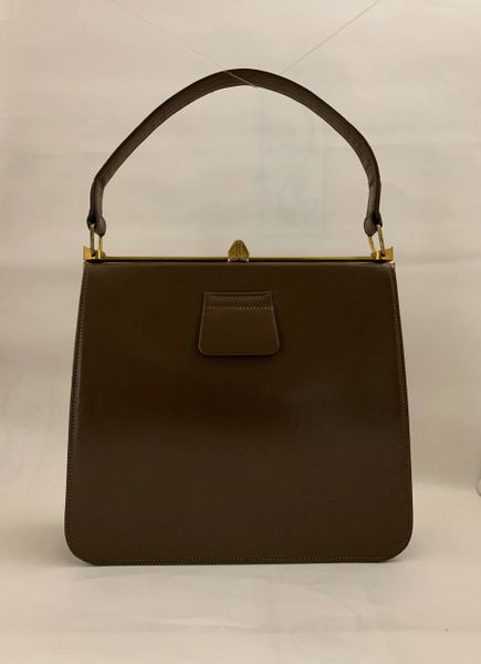 Vintage 1950s Tab Front Brown Calf Leather Handbag With Buff Suede Leather Lining And Vanity Mirror