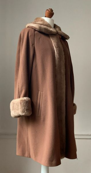 Vintage 1970s Tan Brown Wool Cashmere Mix & Faux Fur Knee Length Swing Coat Size UK 10