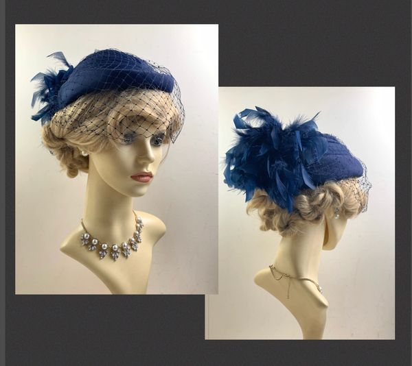 Handmade Vintage 1960s Blue Viscose Calot Pillbox Hat Face Veil & Rear Feather Plumage