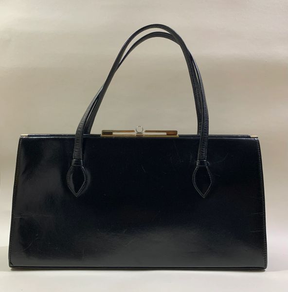 RIVIERA Black Calf Leather Vintage 1950s Handbag With Buff Suede Lining