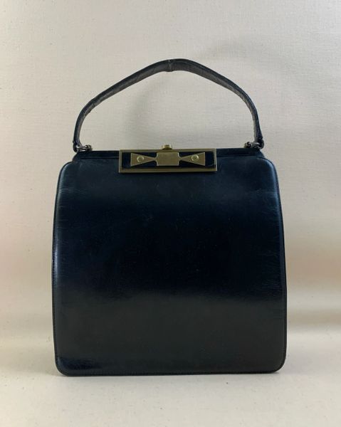 Normandie Black Leather 1950s Vintage Handbag With Dark Tan Leather Lining