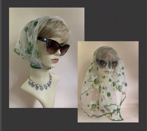 White Green Rose Patterned Vintage 1960s Chiffon Head Scarf Rolled Stitched Hem