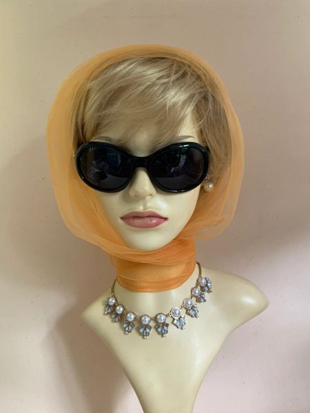 Light Orange Vintage 1960s Georgette Chiffon Head Scarf With Rolled & Stitched Hem.