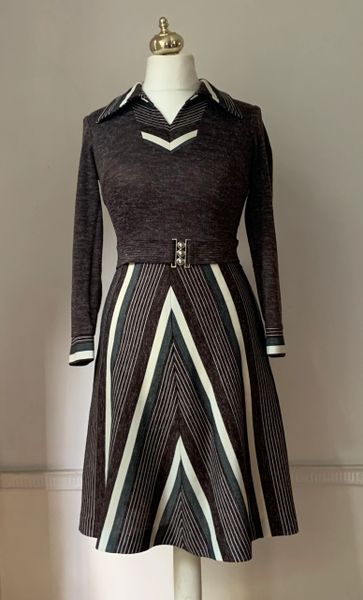 Vintage Dress 1970s Brown Striped Shirt Waist Long Sleeve Dress Below Knee UK 10 Size UK 10.