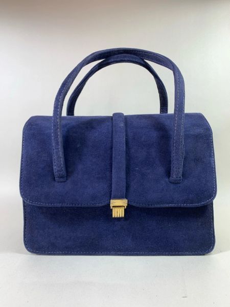 Vintage Small 1970s Blue Suede Handbag With Black Suede Leather Lining