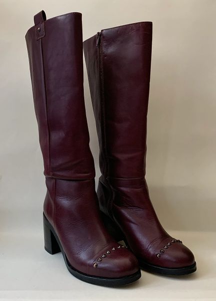 Cranberry Leather Boots Knee High With Toe Studs 3 Inch Block Heel Side Zip UK 6