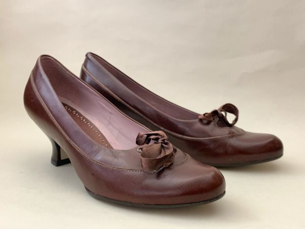 CLARKS Chestnut Brown Bow Front 1930s Vintage Inspired Leather Shoes UK 5.5
