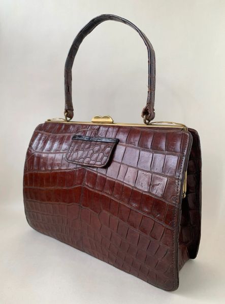 Large Chestnut Brown Vintage 1940s Crocodile Handbag With Brown Suede Lining